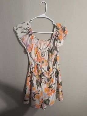 Derek Heart White Floral Off-Shoulder Romper with Orange & Green Print